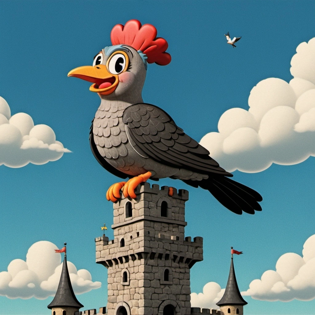 Ilustrație cu un cuc pe un turn de castel plutind printre nori, reprezentând "Wolkenkuckucksheim"